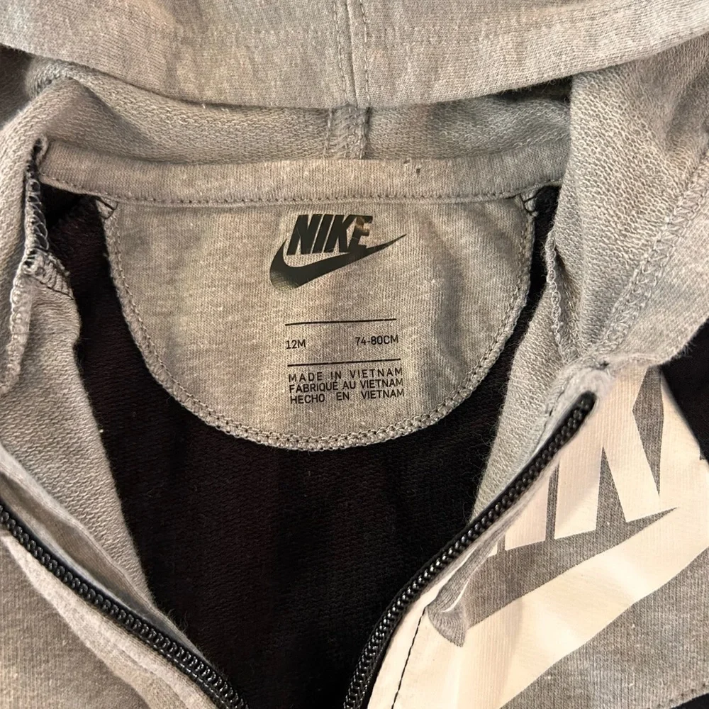 NIKE Baby Coverall Hoodie Cotton One Piece Full Zip Black White & Grey 12 Months